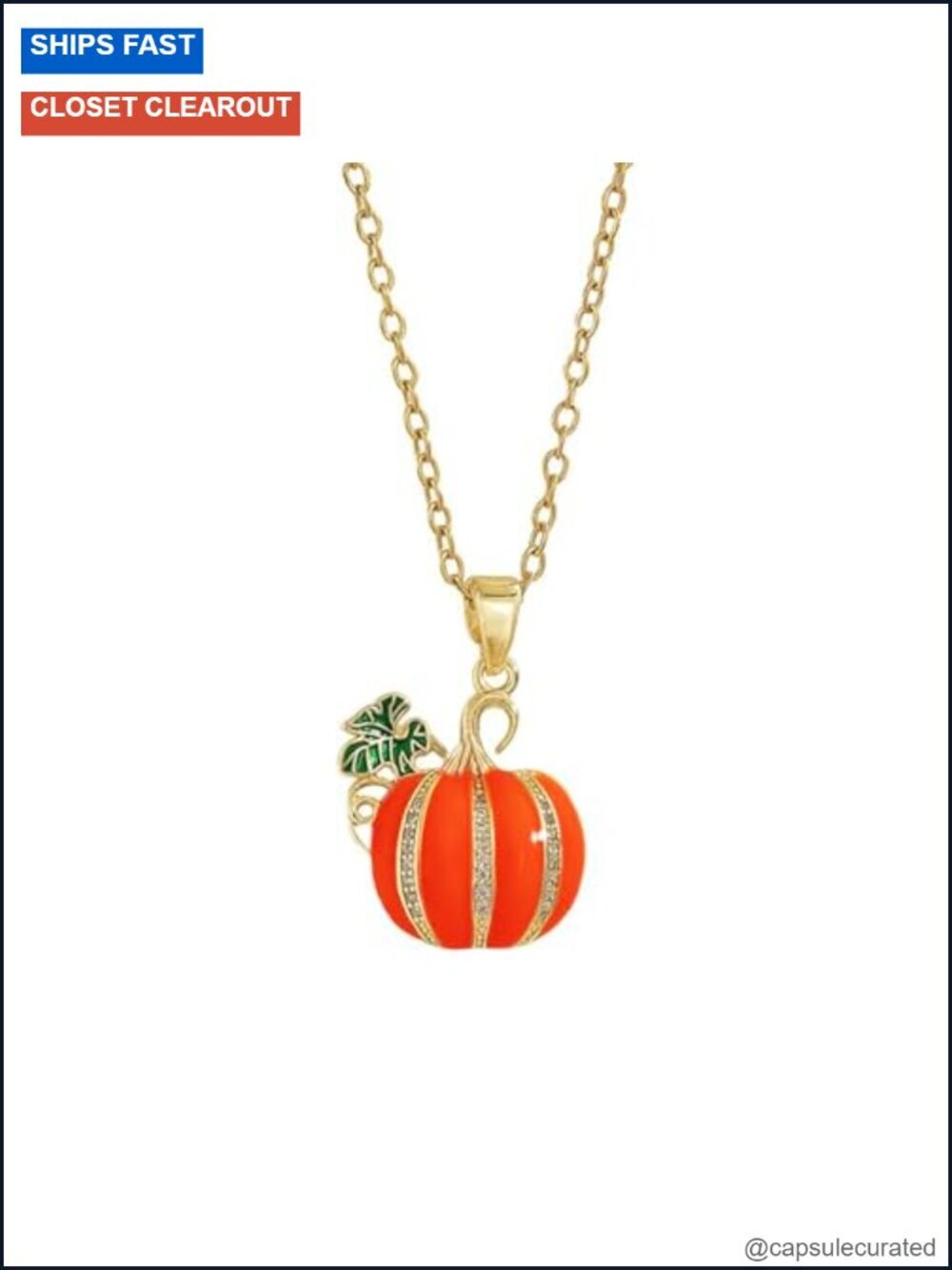 Rhinestone Pumpkin Pendant Necklace with Green Leaf Charms Gold-Tone Link Chain